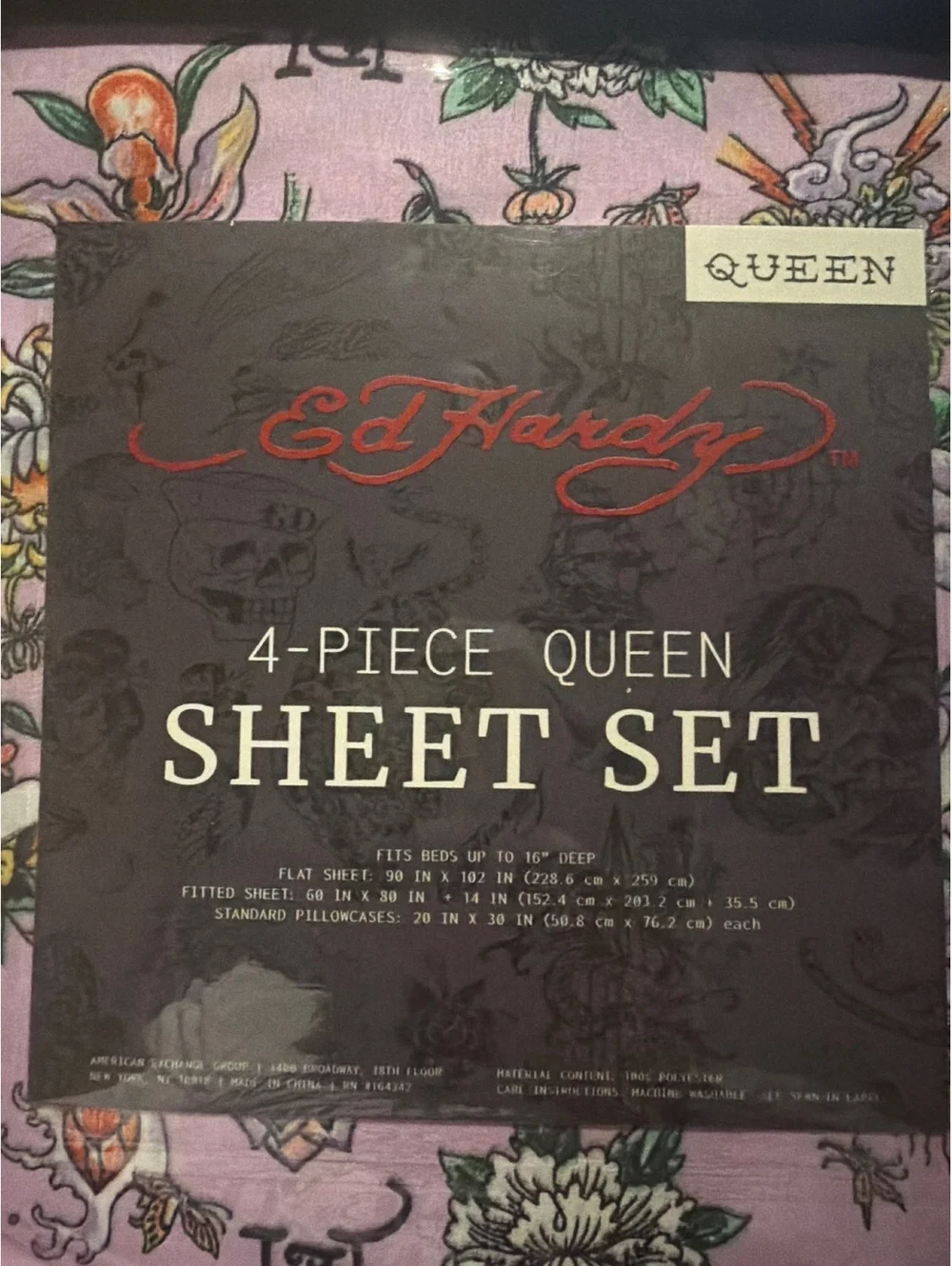 Ed Hardy 4-Piece Queen Sheet Set Pink Tattoo Floral Tiger NEW